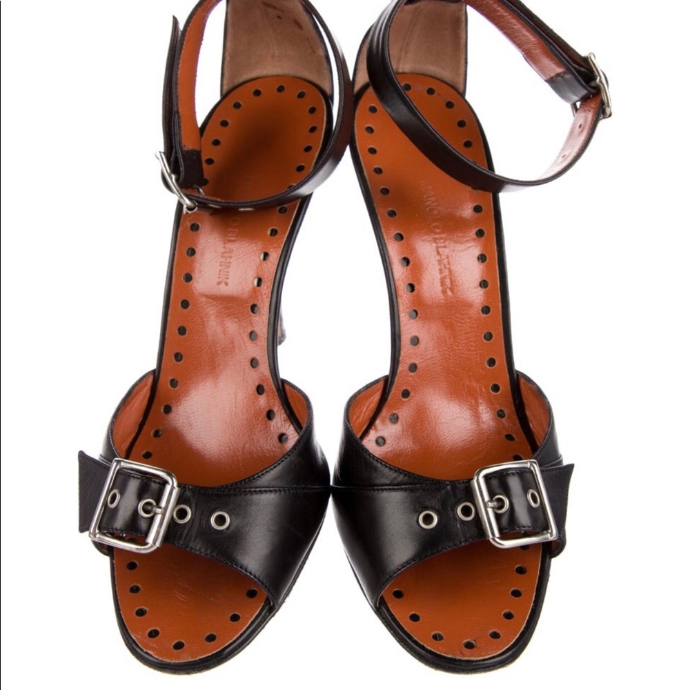 Manolo Blahnik Black Leather Buckle Sandals